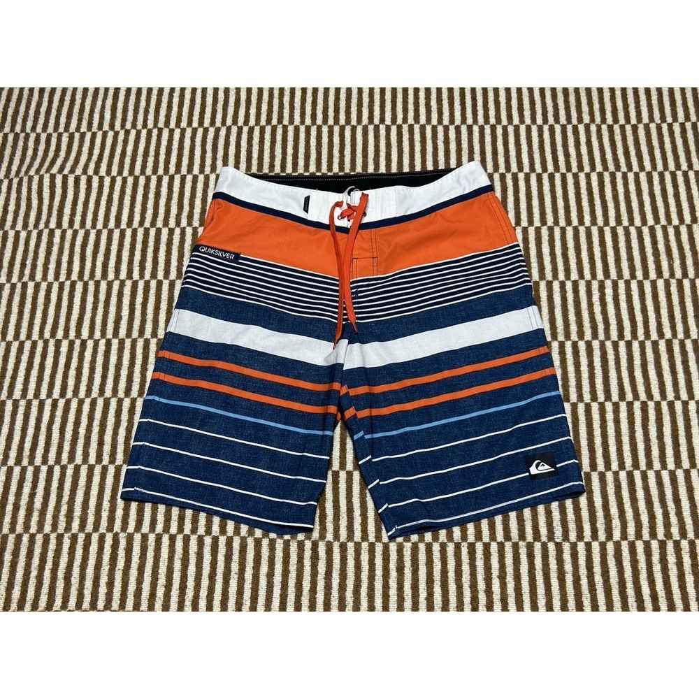 Quicksilver Mens Board Shorts 32 Blue Orange Striped Swim Trunks Surf